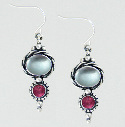 Sterling Silver Drop Dangle Earrings With Blue Topaz And Pink